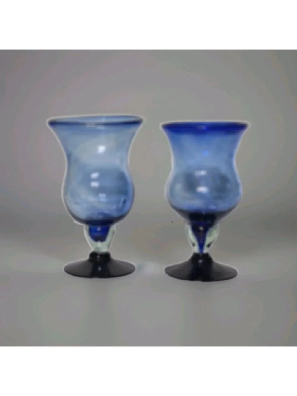 Set Of (2) Mexican Hand Blown Cobalt Blue Stemmed Bar Glasses Thick 6 oz